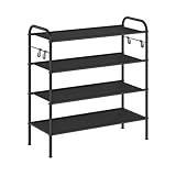 SONGMICS Shoe Rack, 4-Tier Shoe Organizer, Fabric Shoe Shelf Storage with 4 Hooks, Holds up to 16 Pairs of Shoes, Height-Adjustable Shoe Rack for Entryway, Hallway, Closet, Easy Assembly, Ink Black