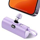 Purple Small Power Bank for iPhone Portable Charger Builtin USB-C Cable 5000mAh 2-in-1 Battery Back Compatible with iPhone 13/14/12/11 Plus/Samsung/LG/Google/Amazon fire Series/All Tablets/Airpods