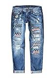 Astylish Women Stars Destroyed Stretchy High Rise Jeans Distressed Boyfriend Ripped Hole Denim Pants Blue Large