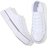 Adokoo Canvas Tennis Shoes for Women Low Top Casual White Black Sneakers for Women Lace Up Fashion Comfortable Walking Shoes (White,10)