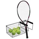 MyGift Hanging Metal Tennis Racquet and Tennis Ball Storage Basket Rack, Wall Mounted Racket Holder