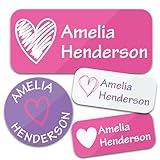 Bunny Badges Personalized Daycare Name Labels (130 Labels) - Custom Waterproof Name Stickers for Clothing Tags, Water Bottles, Lunch Boxes and School Supplies (Hearts)