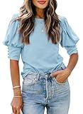 SimpleFun Women's Clothing Spring Trending Tops Puffed Short Sleeve Round Neck Basic Shirts (Baby Blue,XL)