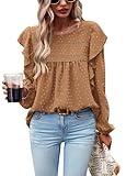 PRETTYGARDEN Women's Long Sleeve Blouses Ruffle Swiss Dot Crochet Loose Fit 2024 Fall Tunic Dressy Casual Tops Brown XL