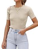 ZESICA Women's Short Sleeve Crewneck T Shirt 2024 Summer Ribbed Knit Slim Fit Basic Solid Color Tee Tops,Almond,Medium