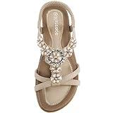 HARENCE Sandals Women Summer Flats: Comfortable Elastic Ankle Strap Dress Flat Shoes Casual Slip on Open Toe Bling Bohemian Beach Sandal