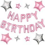 CANREVEL Happy Birthday Banner 13pcs 16 Inch Mylar Foil Letters Sign with 8pcs Star Balloons Birthday Party Decorations for Kids and Adults - 3D Pink