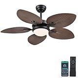 Wiviniya Tropical Ceiling Fans with Lights, 44 Inch Indoor Outdoor Palm Leaf Ceiling Fan for Patios Porch Bedroom, Remote/APP Control, Dimmable, 6 Speeds, Reversible, Brown