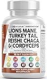 Clean Nutraceuticals Lions Mane 3000mg 20in1 Mushroom Supplement with Turkey Tail 2000mg Reishi 1000mg Cordyceps Chaga 1000mg Maitake Meshima Poria Cocos Shiitake Oyster Porcini Enoki 60 Count