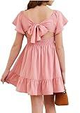 DOKOTOO KIDS Girls Tie Back Dress Casual Ruffle Short Sleeve Flowy Dresses Pink 10-11 Years Old