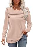 OFEEFAN Womens Fall Fashion 2024 Long Sleeve Shirts Dressy Casual Blouses Pleated Tunic Tops for Leggings Loose Fit Khaki XL