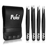 Pefei Tweezers Set - Professional Stainless Steel Tweezers for Eyebrows - Great Precision for Facial Hair, Splinter and Ingrown Hair Removal (Black)