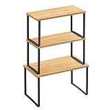 SONGMICS Cabinet Organizer Shelf, Set of 3 Kitchen Counter Shelves, Corner Shelves, Kitchen Storage, Spice Rack, Stackable, Expandable, Metal and Bamboo, Ink Black and Natural Beige UKCS014B01