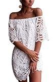 PRETTYGARDEN Women's Summer Off Shoulder Vintage Floral Lace Flare Short Sleeve Loose Elegant Mini Dress (White,Large)