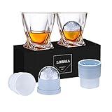 Whiskey Rocks Glass, Set of 4 (2 Crystal Bourbon Glasses, 2 Round Big Ice Ball Molds) In Gift Box - 11 Oz Old Fashioned Glasses for Scotch Cocktail Rum Cognac Vodka Liquor, Unique Gifts for Men