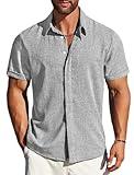 MAPICK Summer Shirts for Men Beach Linen Button Down Casual Shirt Short Sleeve Wedding Guest Dress Shirts(Light Grey,Large)