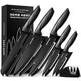 Home Hero 11 Pcs Kitchen Knife Set with Sharpener - High Carbon Stainless Steel Knife Block Set with Ergonomic Handles (Black)