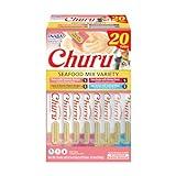 INABA Churu Cat Treats, Grain-Free, Lickable, Squeezable Creamy Purée Cat Treat/Topper with Vitamin E & Taurine, 0.5 Ounces Each Tube, 20 Tubes, Seafood Variety Box