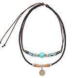 Beulous Men Women Necklace Vintage Tribal Style Double Layers Beaded Leather Necklace with pendant for Summer Surfer Beach