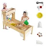 IDEA FAMILY Sand and Water Table with Hand Pump,Sensory Table Wooden Kids Outdoor Play Equipment Toys,Funny Rocks Mining Activity Summer Pump and Splash Discovery Pond for Backyard Outside(Natural)