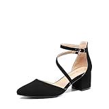 DREAM PAIRS Women's Closed Pointed Toe Low Chunky Heels Pumps Ankle Strap Wedding Business Dressy Shoes SDPU2354W Size 9, Black-Nubuck