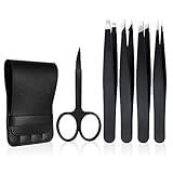 Tweezers Set 5-Piece - Professional Stainless Steel Tweezers with Curved Scissors, Best Precision Tweezer for Eyebrows, Splinter & Ingrown Hair Removal with Leather Travel Case (Black)