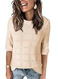 Dokotoo Womens Fashion Casual Spring Summer Shirts and Tops for Women 2024 Trendy Dressy Crew Neck Pullover Sweater T-Shirts 3/4 Sleeve Tunic Tops Hollow Out Loose Shirts Apricot Large