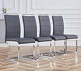 Baysitone Modern Dining Chairs Set of 4, PU Faux Leather High Back Upholstered Dining Room Side Chair with Horizontal Stripe Backrest Design for Kitchen Living Room Vanity Patio Dinner Chairs, Grey