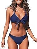 CUPSHE Bikini Set for Women Two Piece Swimsuit V Neck Knot Crisscross Low Waist Bathing Suit S, Indigo Blue