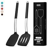 Home Hero Silicone Spatula Set with Ergonomic Handles - Stainless Steel High Heat Resistant Solid & Slotted Turner, BPA Free Non Stick Kitchen Utensils Set - Rubber Spatula for Eggs (Black)