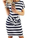 PRETTYGARDEN Women's Summer Short Sleeve Crewneck Striped Dress Basic Solid Tie Waist Office T Shirt Dresses Pockets Stripe Navy Large