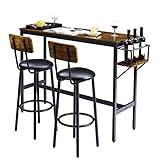 Tatub Bar Table and Chairs Set of 2, Industrial Sofa Table with Stools, 3 Piece Counter Height Small Dining Table Set for 2, Pub Table and Chairs Set of 2, Collapsible Wines Holder, Brown