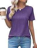 Kistore Womens T Shirts Summer Short Sleeve Crew Neck Pleated Tunic Tops to Wear with Leggings Purple M