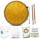 The Balmy Drum - 15 Note 14 Inch Steel Tongue Drum, Steel Drum Instrument, Drums For Children and Adults, Balmy Drum Set for Kids with Music Book, Handpan, Mallet and Carry Bag (Gold)