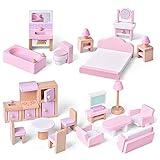 FUN LITTLE TOYS 4 Set Wooden Doll House Furniture, 22 PCs Dollhouse Accessories, Pink Wooden Toys