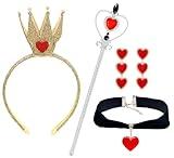 Ahzemepinyo Halloween Queen Costume Accessories Set including Gold Crown Red Heart Collar Choker Red Gem Scepter Wand Red Heart Ear Decor for Women Halloween Queen Costume Party Accessories