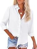 Womens Button Down Shirts Cotton Dress Shirts Oxford Shirts Long Sleeve Work Blouses Collared Tops Tunics with Pocket-All White L