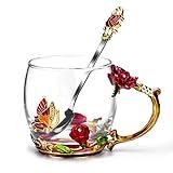 OEAGO Gifts for Mom Women Mothers Day Glass Coffee Enamels Mug Best Birthday Butterfly Rose Gifts for Her from Daughter Son Lead-Free Valentines Day Christmas Red Tea Cup with Spoon Set