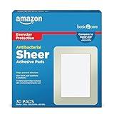 Amazon Basic Care Antibacterial Sheer Adhesive Pad Bandages, Extra Large Comfortable Non-Stick Pad, Helps Prevent Infection, First Aid & Wound Care Protection, All Skin Types, 30 Count (3x4 inches)