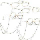 Fiada 6 Pieces Old Man Glasses Costume Set 2 Round Eyeglasses 2 Square Glasses 2 Beaded Chain for Dress up Cosplay(Gold)