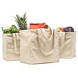 VeraMia 3pc Canvas Grocery Bags with Pockets, Shoulder Straps - Foldable, Washable Heavy Duty Tote