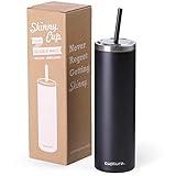 Cupture Stainless Steel Skinny Insulated Tumbler Cup with Lid and Reusable Straw - 16 oz (Jet Black)