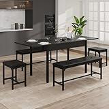 Halitaa 5-Piece Dining Table Set for 4-8, Kitchen Table Set with Metal Frame & Wooden Board，63" Extendable Dining Room Table Set with Drawer and 4 Upholstered Benches (Black)