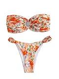 GORGLITTER Women's Floral Swimsuit Strapless Bandeau High Cut Thong Bikini Set Bathing Suit Orange Multi Floral Small