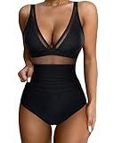 SUUKSESS Women Slimming Tummy Control One Piece Swimsuits Sexy Mesh High Waisted Monokini Bathing Suits (Black, XL)