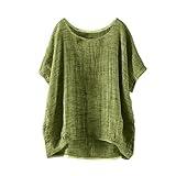 Generic fashion Linen Cotton Shirts for Women Vintage T-Shirt Loose Printed Patchwork Sleeve Solid Casual Loose Linen Top 2-Army Green X-Large