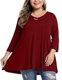 MONNURO Womens 3/4 Sleeve V Neck Plus Size Casual Loose Flowy Swing Tunic Tops Basic T Shirts Wearing with Leggings(Wine Red,5X)