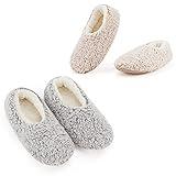 Cozylook 2-pair Women's Soft Sole Slipper Socks with Grippers, Thick Warm Cozy Sherpa Lined Home Socks Set, Cable Knitted Non-slip Fluffy Winter House Bedroom Slippers GRAY+TAUPE M 7-8