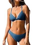 CUPSHE Bikini Set for Women Two Piece Swimsuits V Neck Low Rise Crisscross Back Self Tie Spaghetti Straps,XS Steel Blue