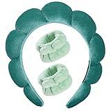 Luckybear Spa Headband for Washing Face, Velvet Makeup Headband, Bubble Skincare Headbands with Face Wash Wristbands, Sponge Puff Headband for Women Skin Care - Green